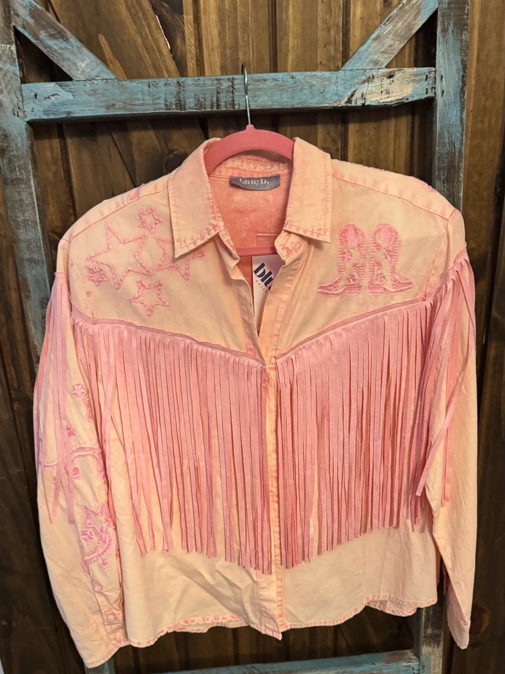 Blue B Pink Fringe Western Button Up
